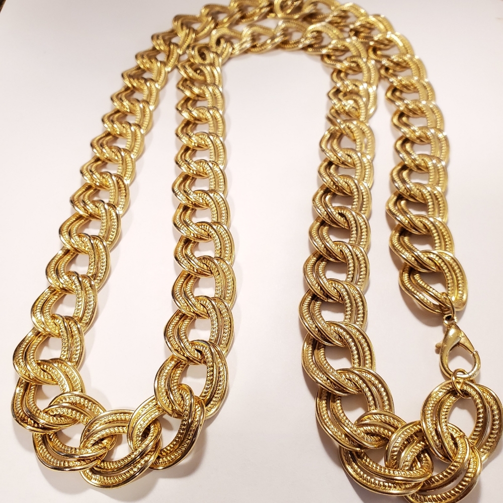Goldtone Carved Design Double Textured Curb Necklace